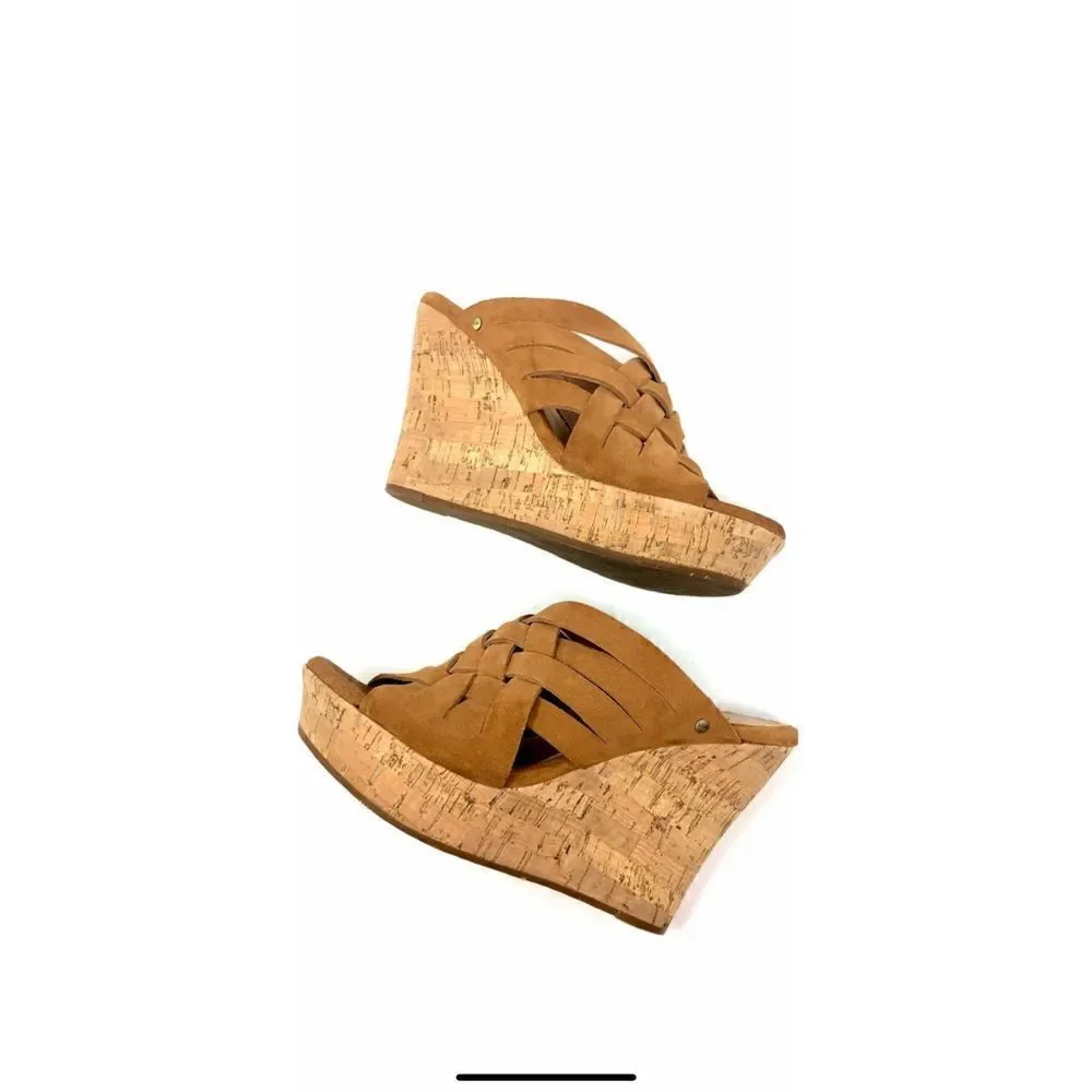 UGG Marta chestnut cork, slip on wedges, size 8W soft suede with woven straps al